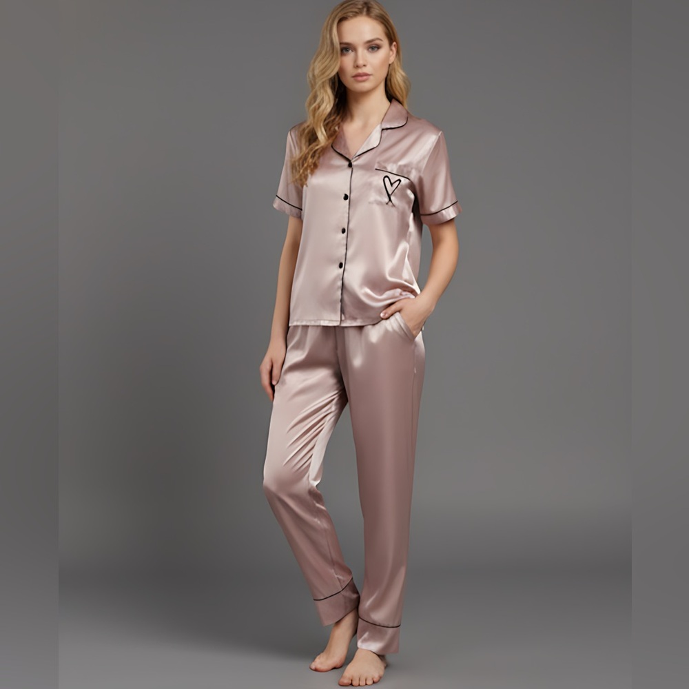 Heart Embroidery Satin Pyjama Set